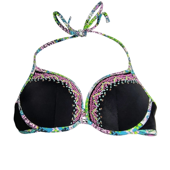 Victoria's Secret Black and Pink Sequin Push Up Halter Bikini 32C - Picture 1 of 8